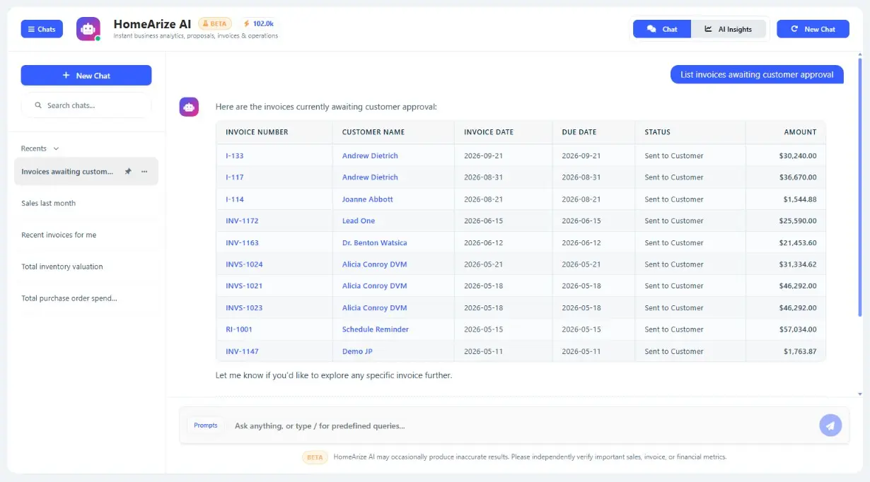 HomeArize AI Work Orders and Quotes & Estimating queries showing invoices awaiting approval and pending quotes